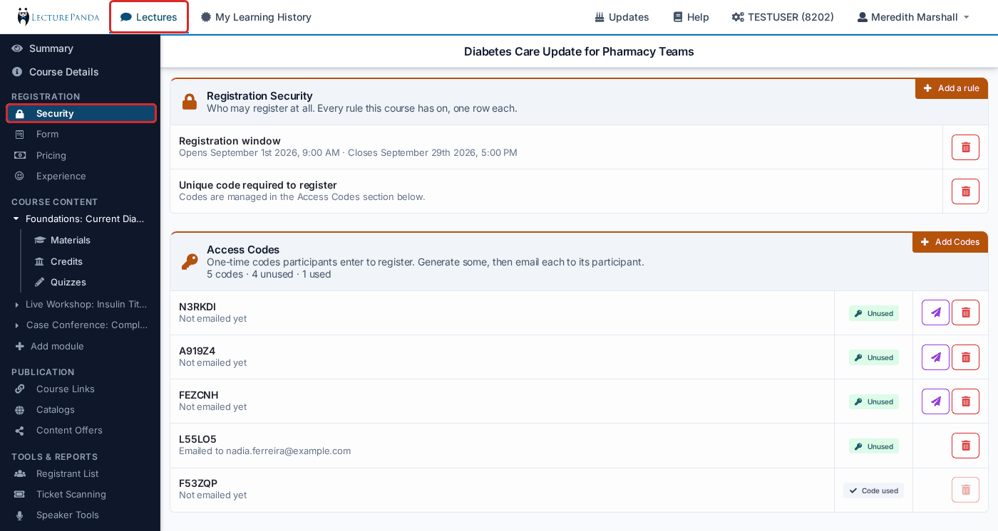 Registration › Security — the rules that are on, and the Access Codes section builder_security