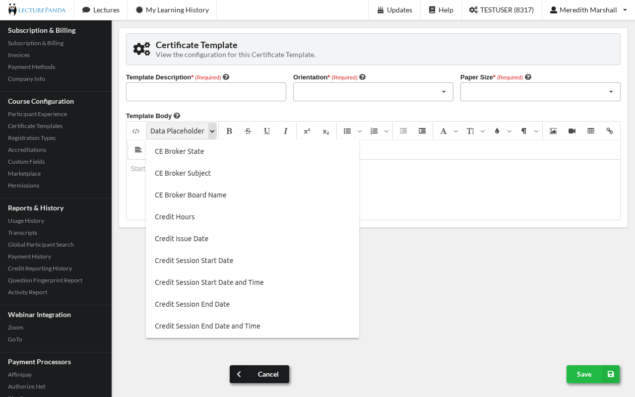 The Data Placeholder menu in the certificate template editor certificate_placeholder_menu