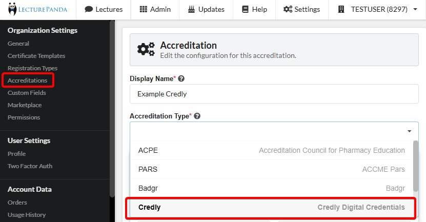Adding a Credly accreditation in account settings
