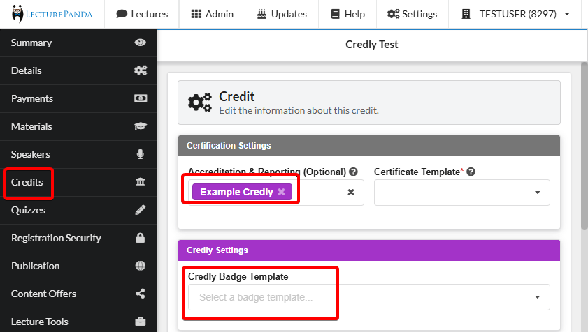 Selecting a Credly badge template for a credit