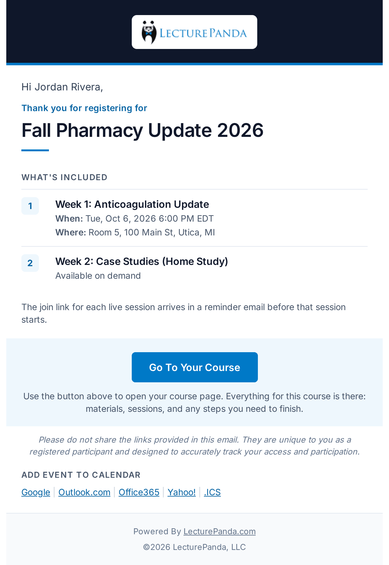 Confirmation for a course with several parts — What's included, and the one course button email_confirmation_multipart