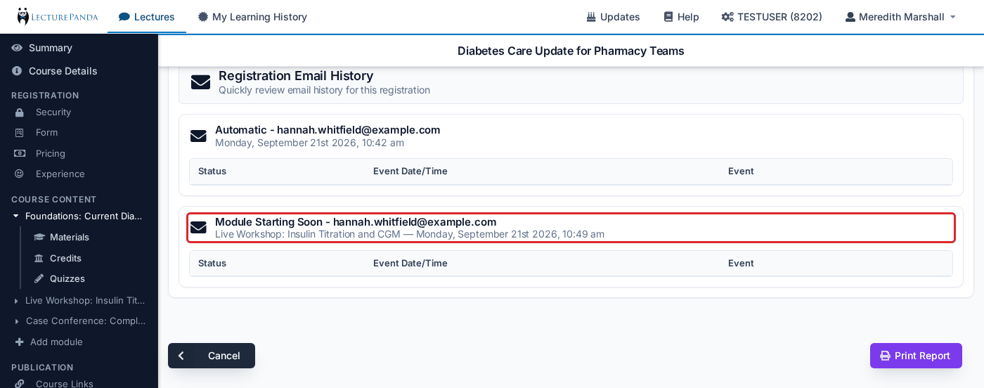 A registrant's email history — the Module Starting Soon entry names the module email_history_module_name