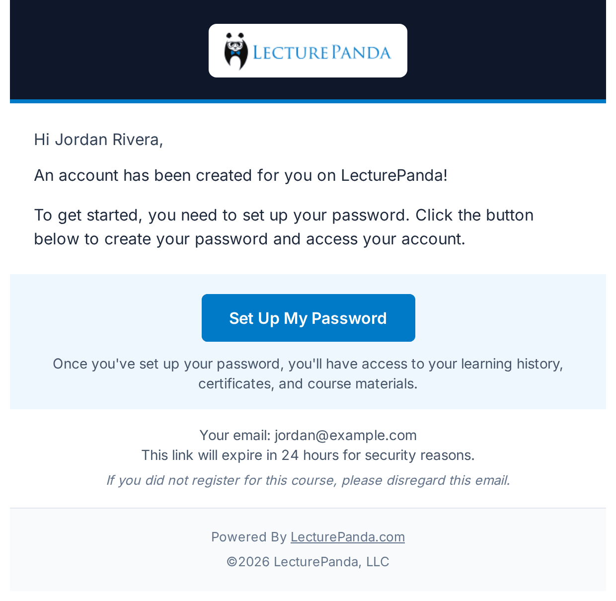 The password email — the link works for 24 hours email_password_setup