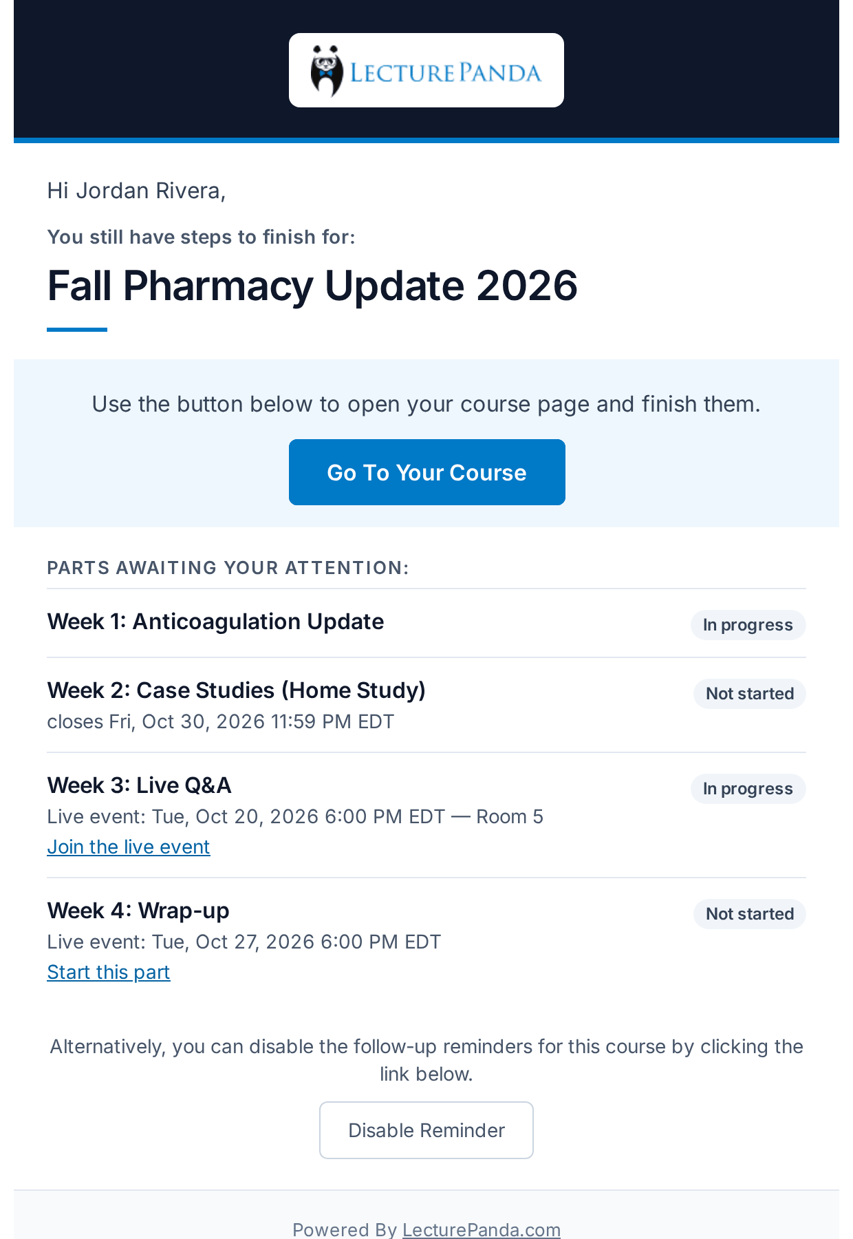 The weekly reminder on a course with several parts — one row per part still open email_reminder_digest