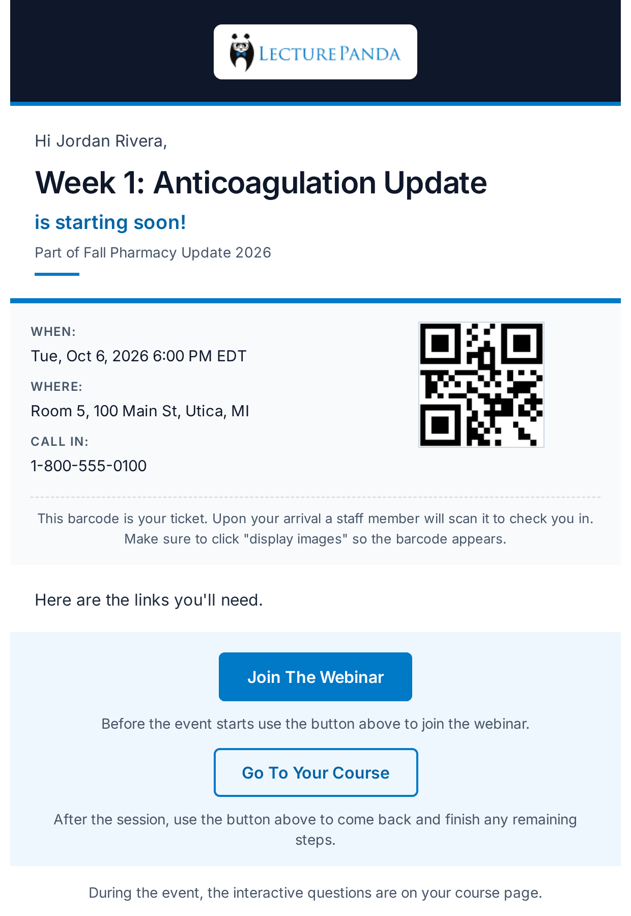 Starting soon — the only email with two buttons: Join The Webinar, then the course button email_starting_soon