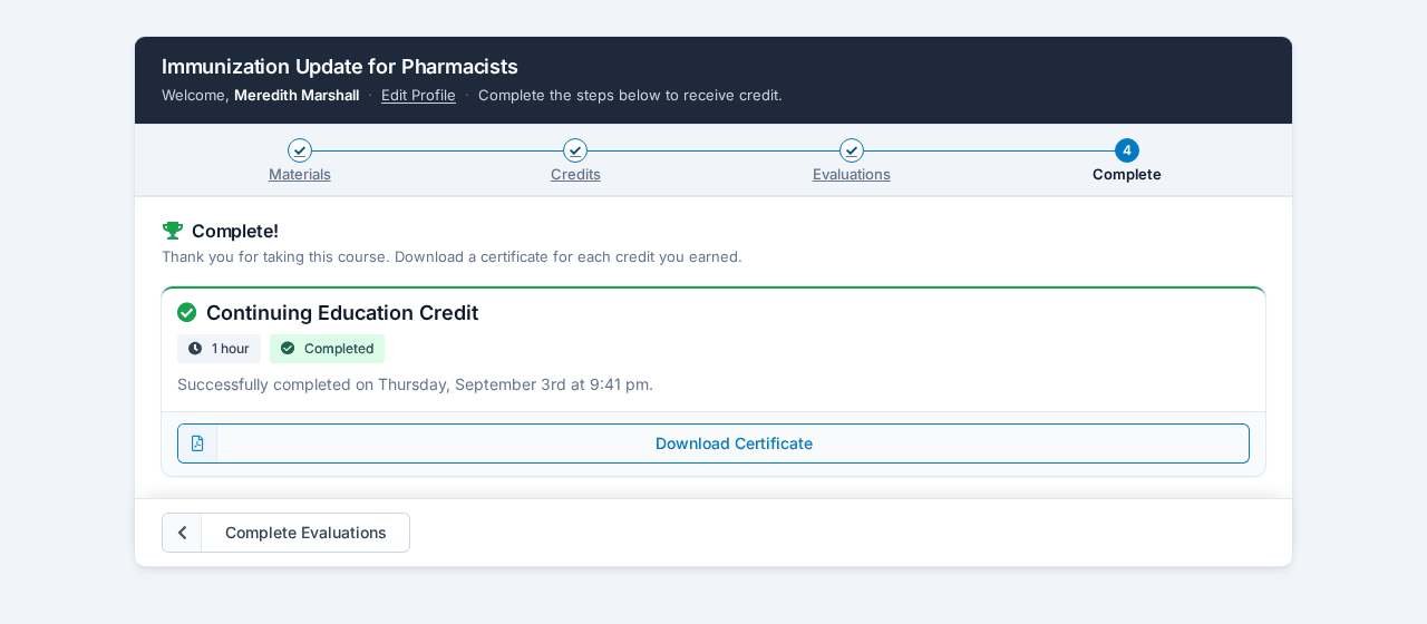 The completion step: one card per credit with hours, status, and a Download Certificate button.
