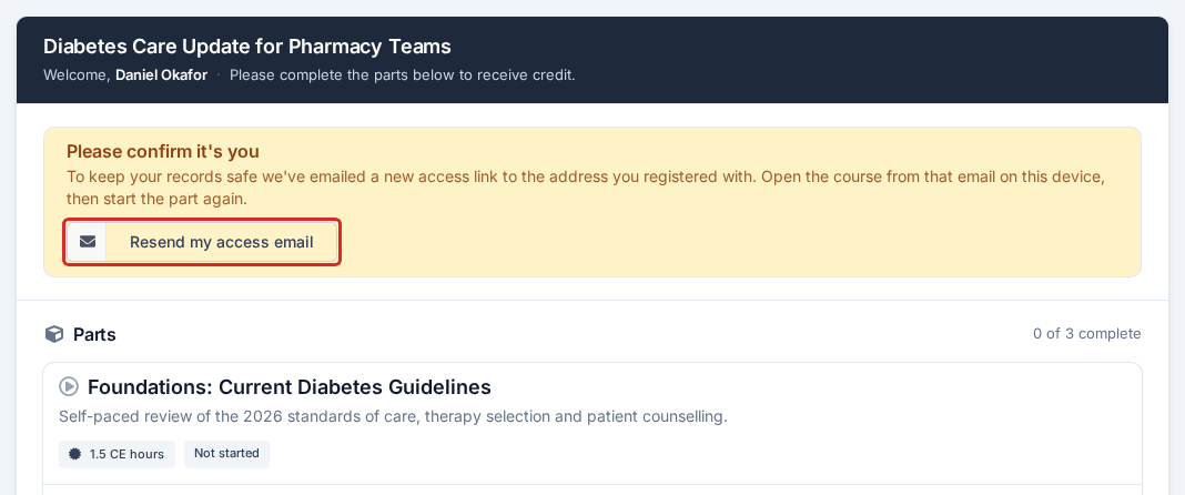 The notice a learner sees when starting a part on a new device learner_confirm_identity