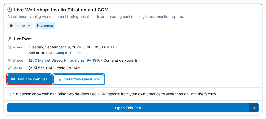 A live part you have started, with Join The Webinar and Interactive Questions learner_part_live_event