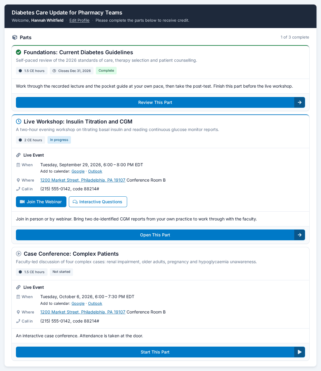 What a learner sees on a course with several parts learner_parts_list