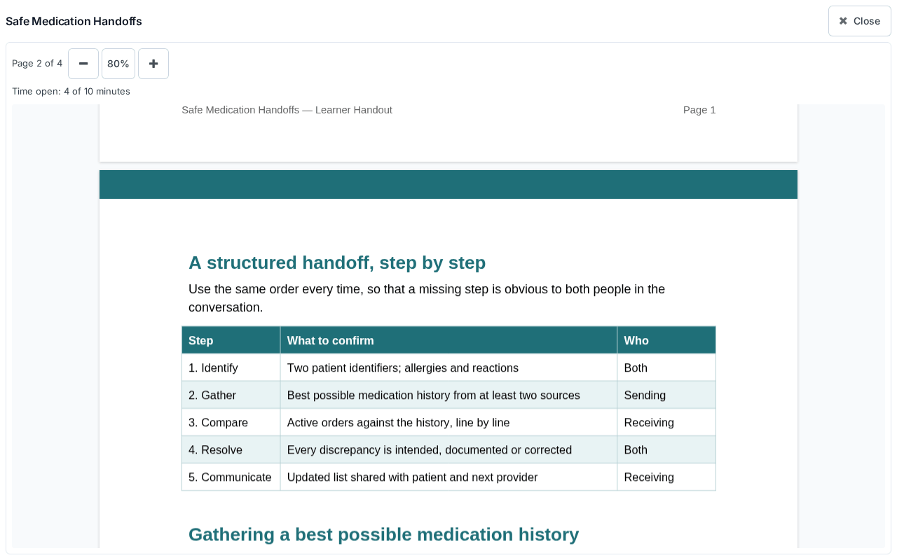 A required Tracked PDF open full screen, part way through: the title and Close button, the page and zoom controls, and the Time open line learner_tracked_pdf