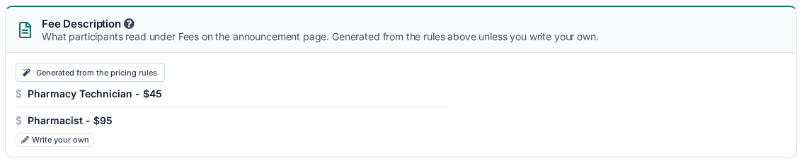 Fee Description — generated from the pricing rules payments_fee_description