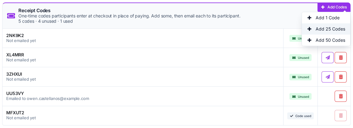 Receipt Codes, with the Add Codes menu open payments_receipt_codes